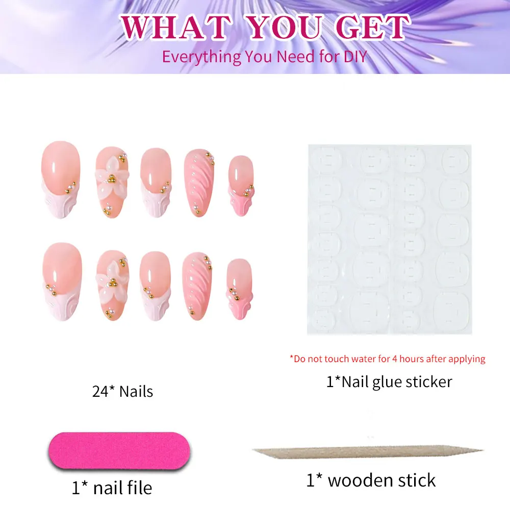 24개 세트 롱 아몬드 플라워 핑크와 화이트 프렌치 프레스온 네일 팁 프렌치 아크릴 가짜 손톱, 3D 젤로 스타일을 업그레이드하세요