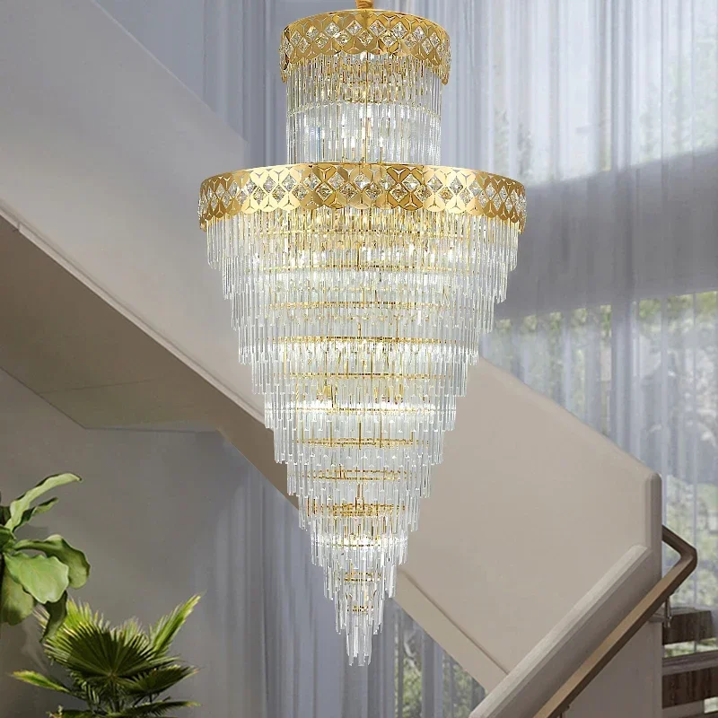 Duplex building, living room, large chandelier, villa, post modern luxury building, mid floor, crystal chandelier