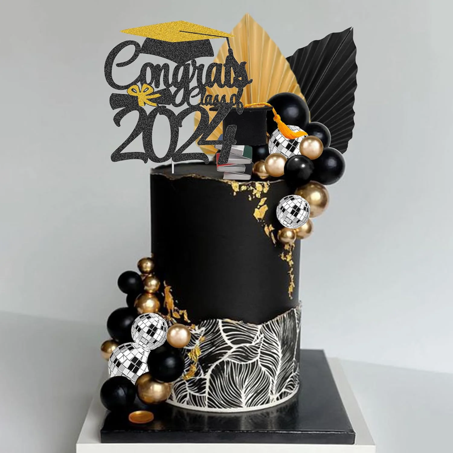 Graduate Cake Toppers Mirror Black Golden White Ball Cake Toppers Books Congrats Decoration for 2024 High School College Senior