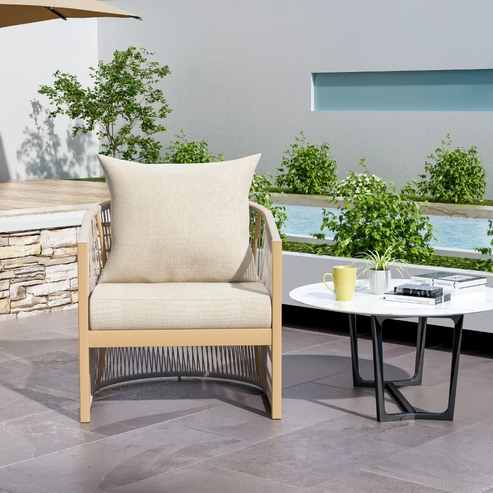 Modern Beige Curved Aluminum Lounge Chair with Stylish Rope-Weave Design and Cushioned Comfort Garden Chair