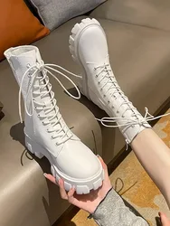 Women's Boots Spring 2026 Thin Thick Bottom Heightening Belted Short Versatile Retro Mid-Calf Motorcycle Boots