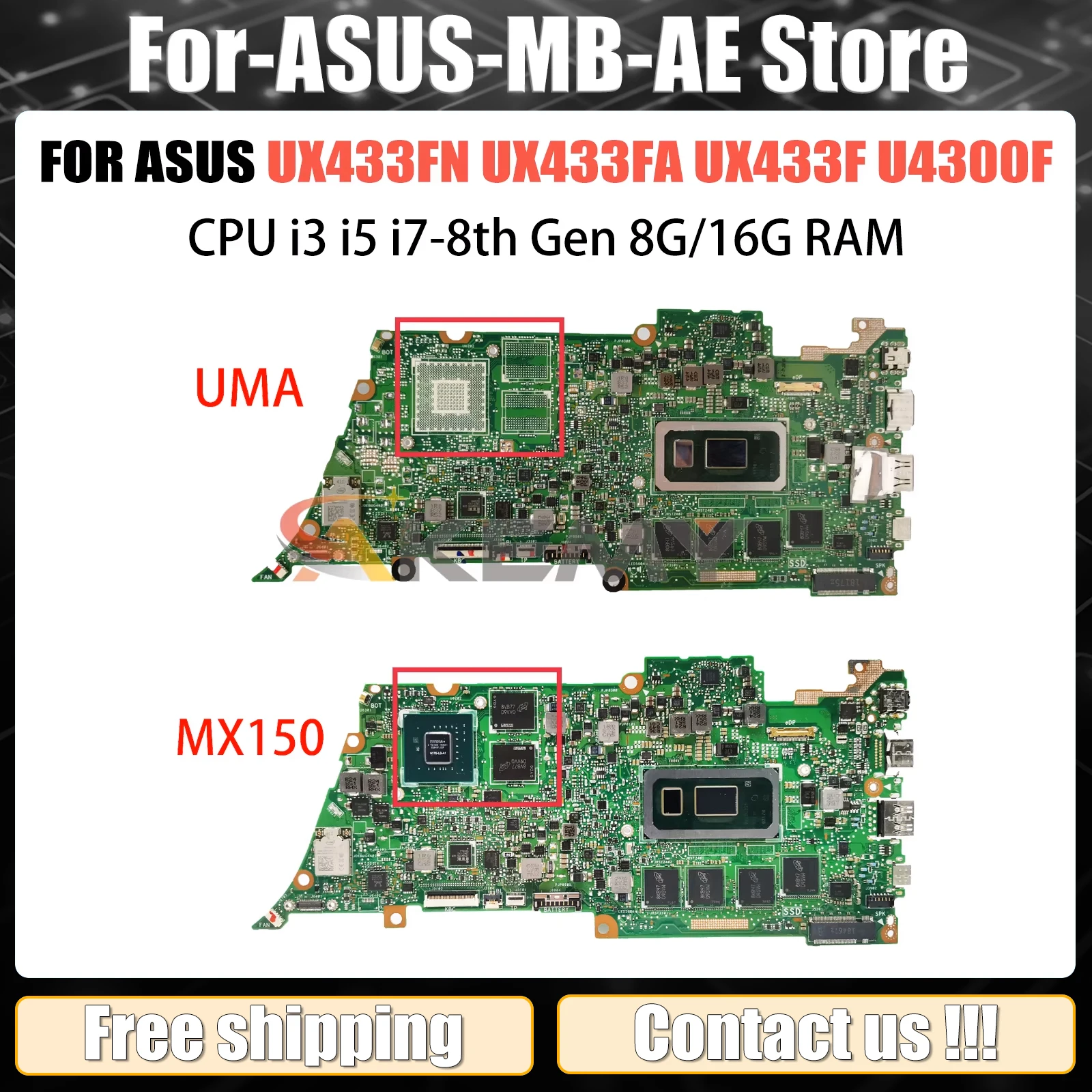 

UX433F Mainboard For ASUS ZenBook UX433FN UX433FA U4300F Laptop Motherboard I3 I5 I7 8th Gen CPU 4G/8G/16G-RAM MX150/UMA