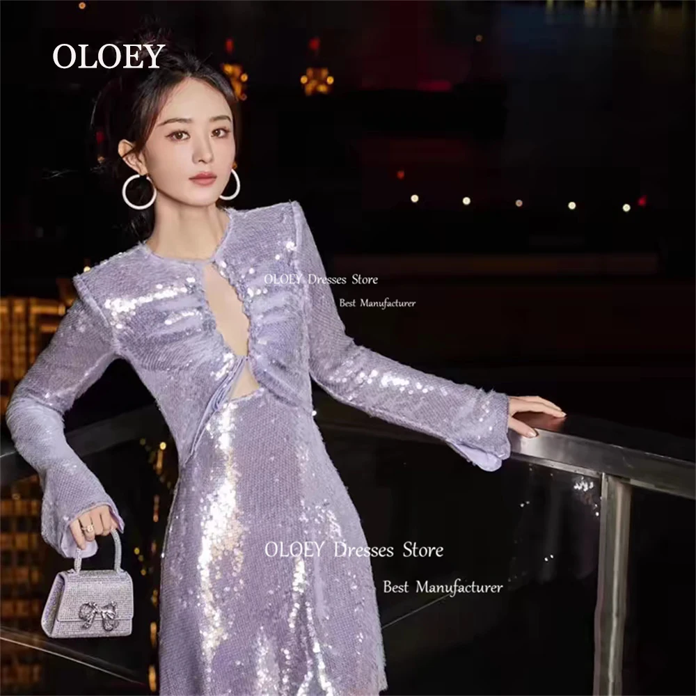 

OLOEY 2024 Glitter Purple Mini Prom Cocktail Dresses O-Neck Long Sleeves Pleated Tulle Evening Dress Custom Wedding Party Dress