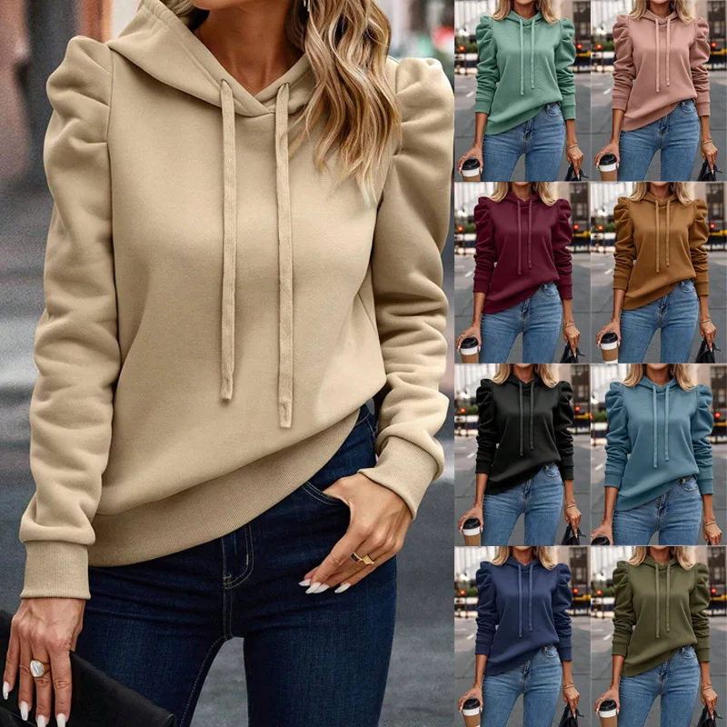 Autumn Winter Beige Fashion Hooded Solid Color Long Sleeved Casual Women's Top Casual Long Sleeve Hoodies Tracksuit Women Tops