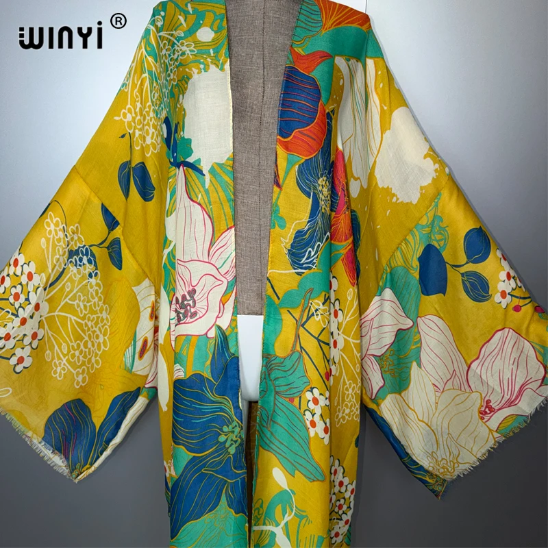 WINYI Africa Fashion Kimono Maxi Dress Beach Cover Up Cardigan Boho Coat Print Caftan Beach Outfits Women Abaya Dubai Luxury