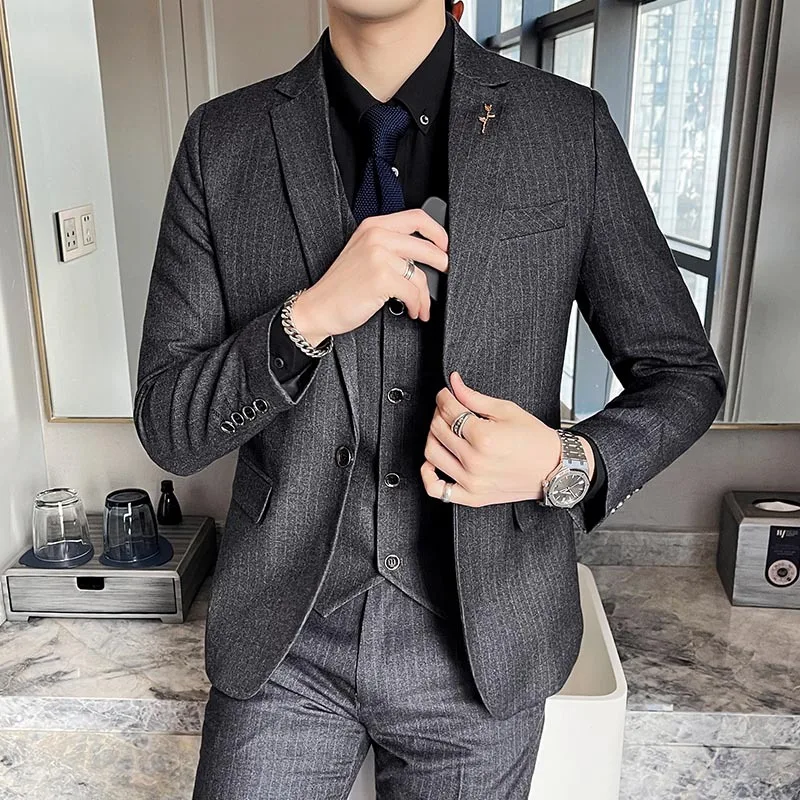 

3 Pcs Suit Set Blazers Coat Pants Vesy / 2023 Fashion New Men Casual Boutique Business Slim Striped Formal Dress Jacket Trousers