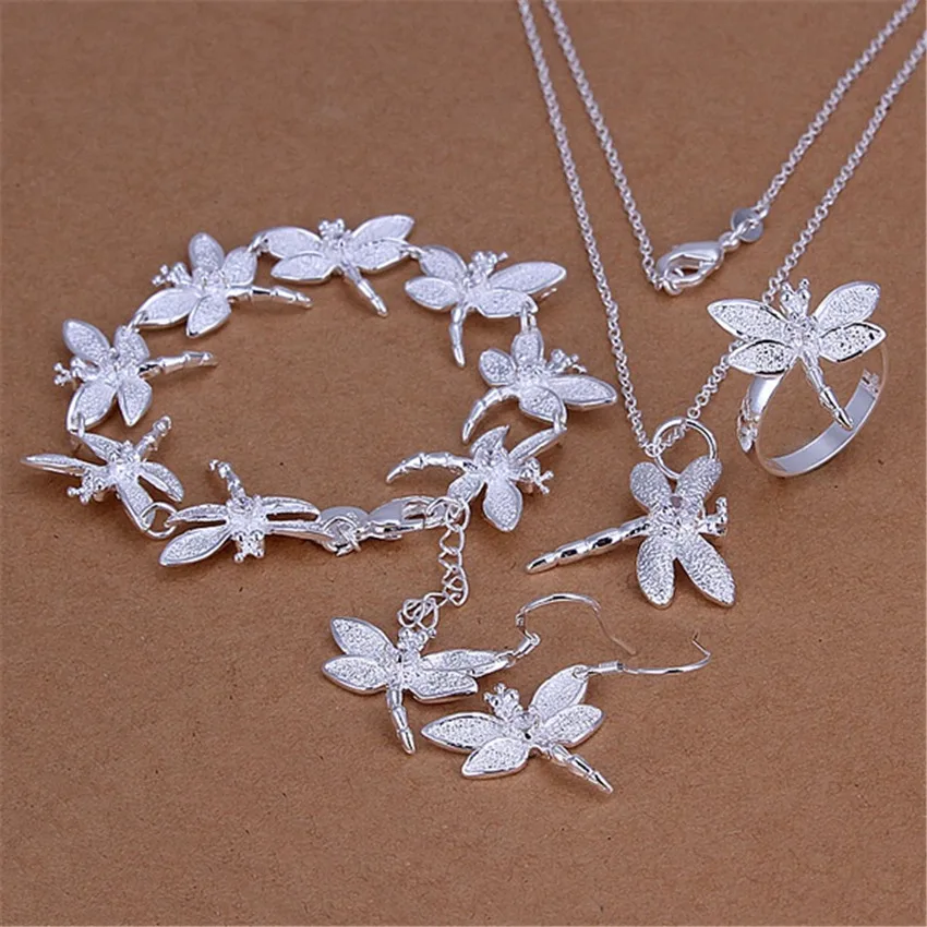 

925 Sterling Silver Fashion Charm Jewelry Set Women's Dragonfly Stone Bracelet Girl Necklace Earrings Ring Christmas Gift