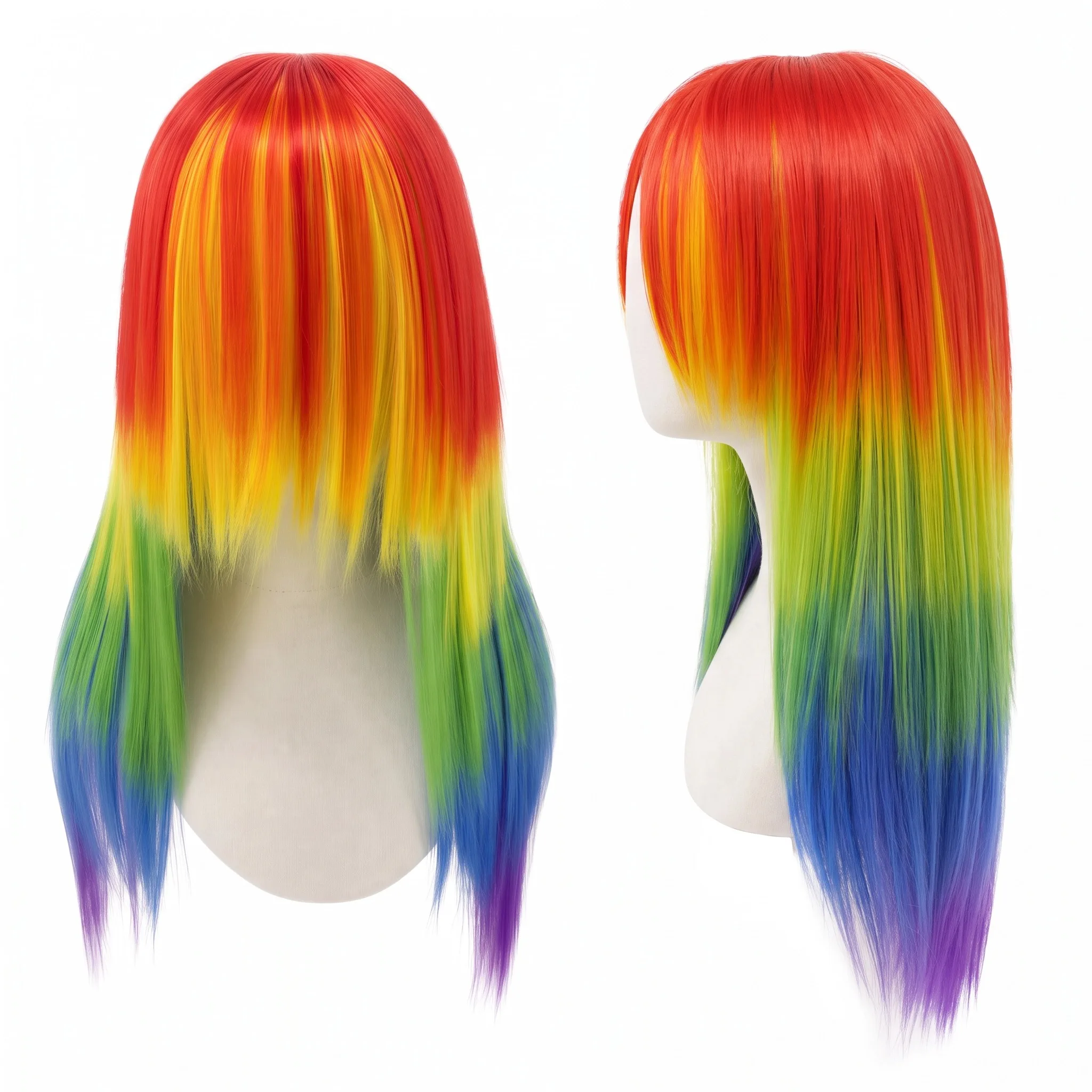 Rainbow Ombre Long Straight Layered Synthetic Wig With Bangs Unisex Pride Halloween Party Cosplay Costume Hairpiece