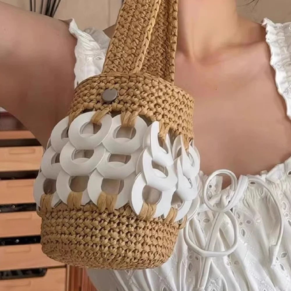 

Роскошная соломенная сумка в стиле пэчворк, богемные тканые сумки-ведра для женщин, сумки ручной работы, вязаная крючком пляжная сумка, маленькая корзина, сумки на плечо