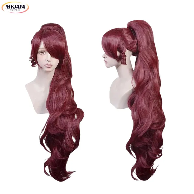 Princess Megara Cosplay Wig Meg Wig Long Clip Ponytail Dark Wine Red Heat Resistant Synthetic Hair Anime Wigs + Wig Cap