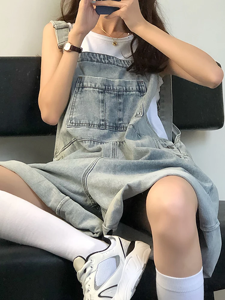 

Miya Vintage Loose Denim Overalls Women's Summer New Versatile ort Jeans High Waist Button Closure Cool Feeling k Color