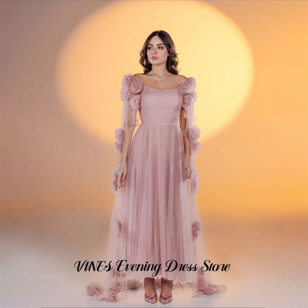 

VINES Pink Tulle Prom Dresses Off the Shoulder Evening Dresses with 3D Floral Party Dress Flowy Sleeve Robe De Soirée Customized