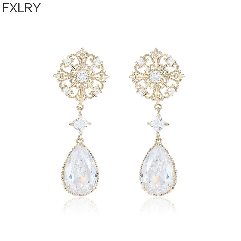 

FXLRY Retro Geometric Drop Hollow Flower S925 Silver Needle Temperament Earrings For Women