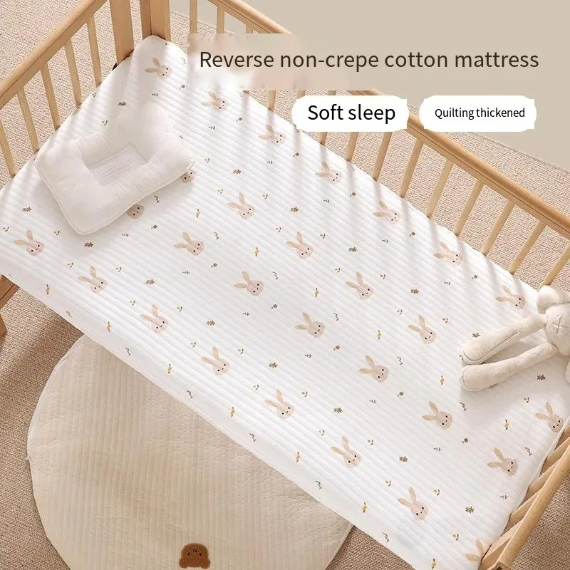 Soft Sleep Quilted Thick Baby Crib Mattress Liner, Reversible Non-Crease Cotton Crib Mattress Protector with Lovely Rabbit Patte