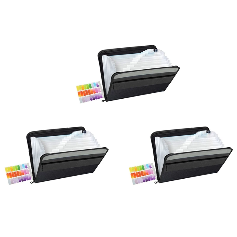 3X 13 Pockets Expanding File Folder A4 Plastic Document Wallet Organizer For Personal Office Stationary Storage(Black)