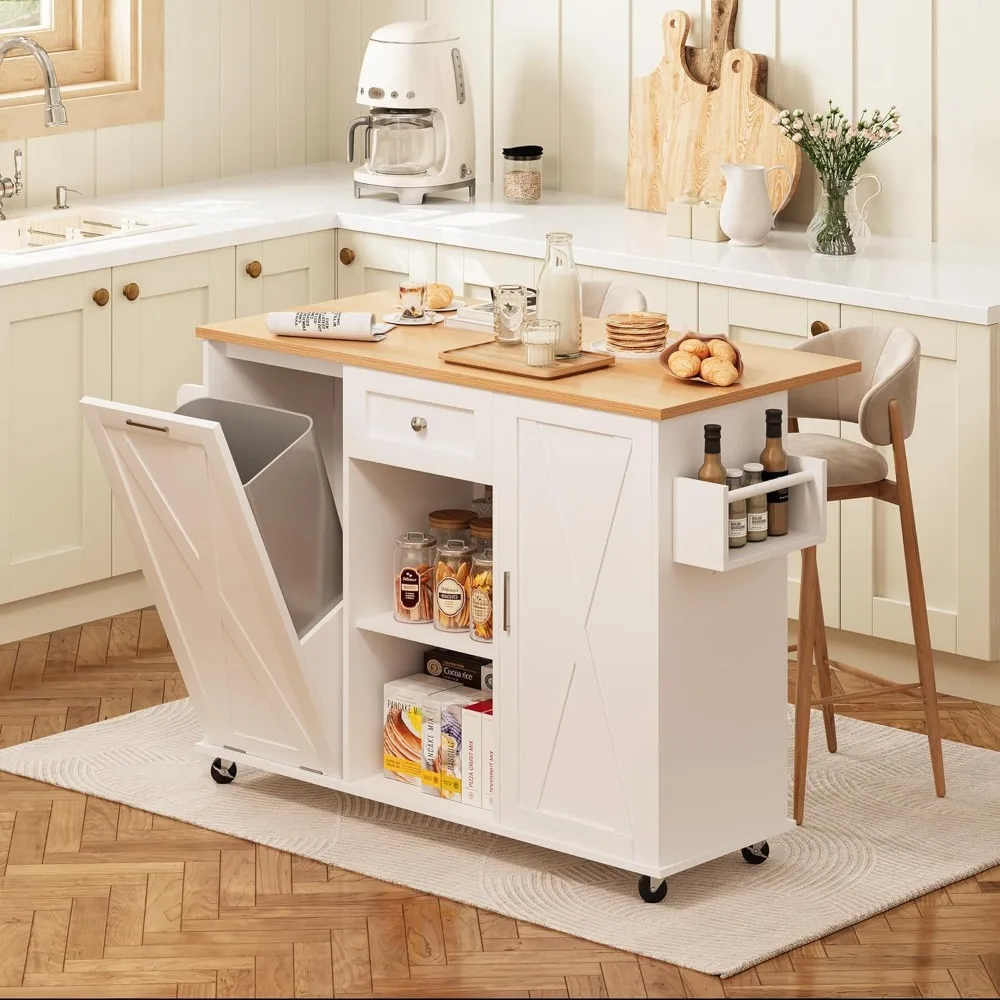 

48" Rolling Kitchen Island with Drop Leaf & Trash Can Storage, Kitchen Island Cart with Spice Rack & Towel Rack, Mobile Island T