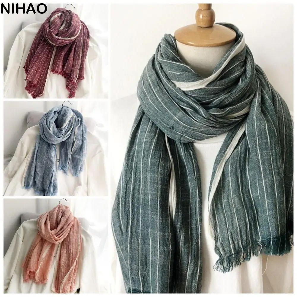 

Fashion Cotton Linen Striped Pleated Shawl Thicken Soft Winter Cashmere Scarf Pashmina Neckerchief Casual Men Scarf Unisex