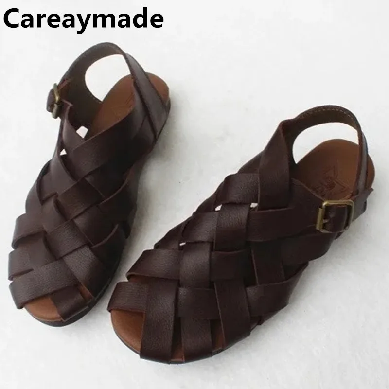 Careaymade-Summer flat soft bottom casual women's sandals original single head layer cowhide hand knitting sandals,3 colors