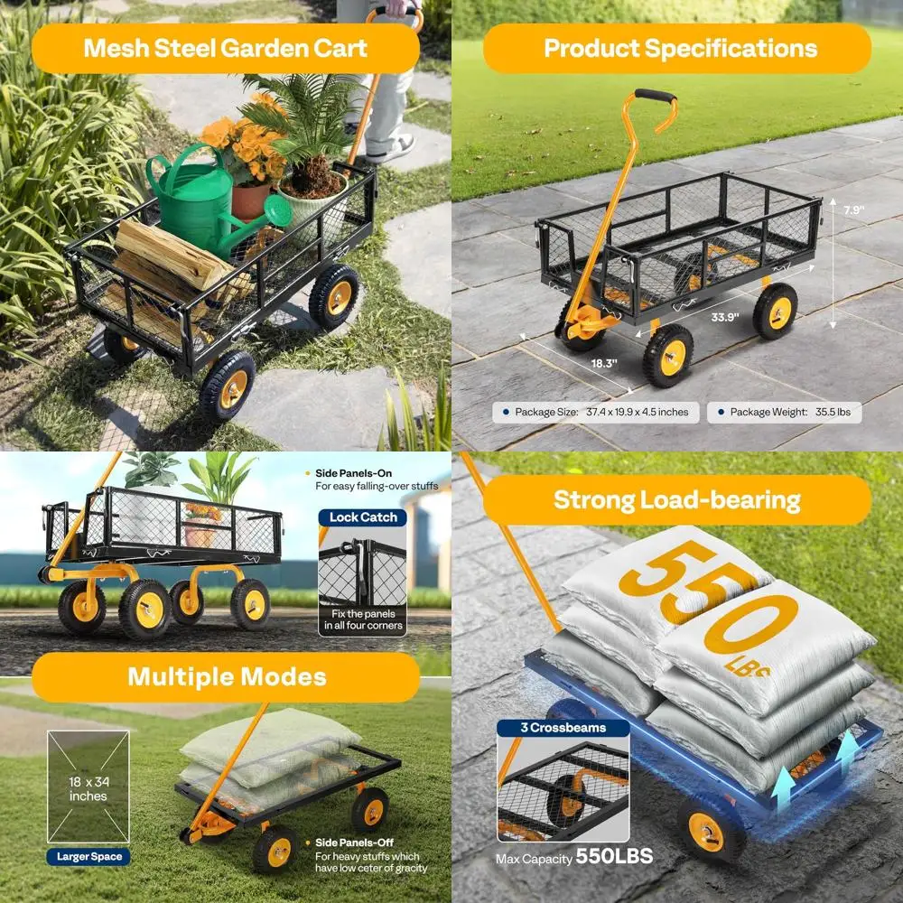 

Складная садовая тележка со стальной сеткой емкостью 550 фунтов и съемными боками черного цвета