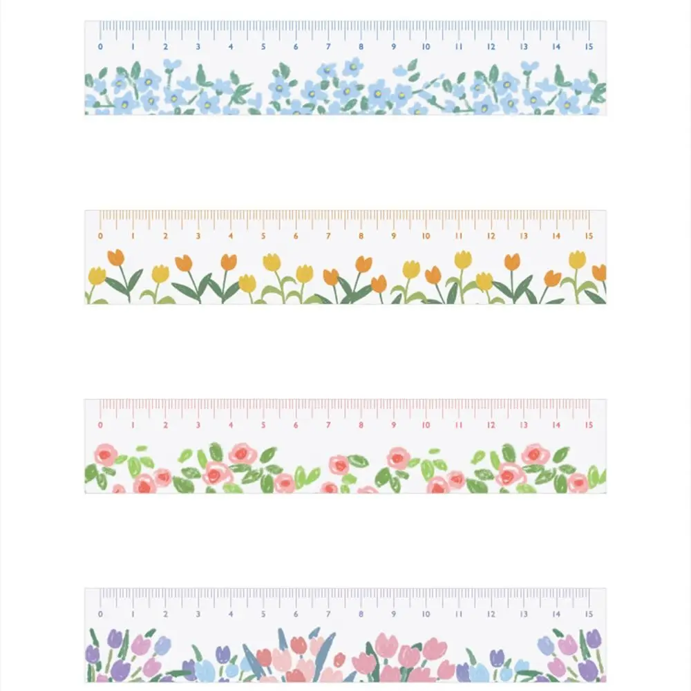 1Pc 5.91in Tulip Daisy Rose Straight Ruler Transparent Flower Bookmark Student Math Drawing Ruler Multifunction DIY Drawing Tool