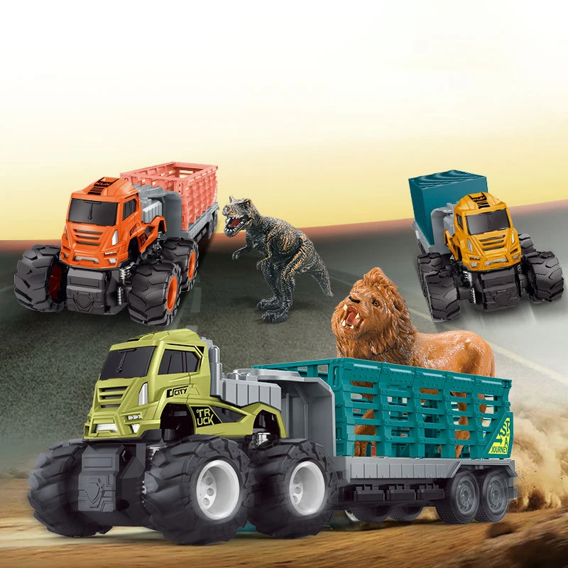 New Alloy Car Toy Truck Model Four-Wheel Drive Inertia Trailer Animal Dinosaur Lion Tiger Transporter Boy Toy Diecast Best Gifts