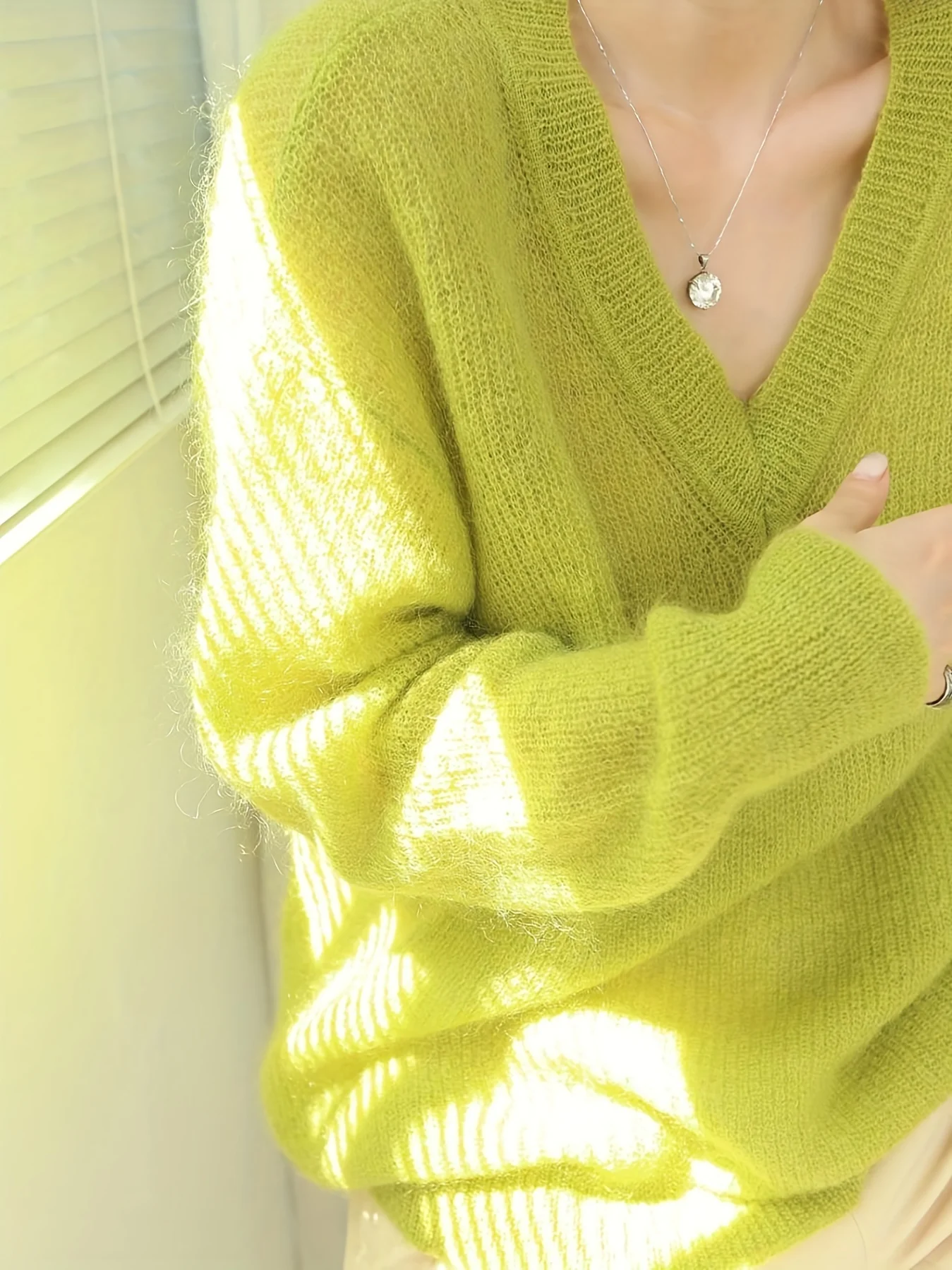 V-neck Fuzzy Loose Sweater, Casual Long Sleeve Fall Spring Knit Sweater, Women's Clothing