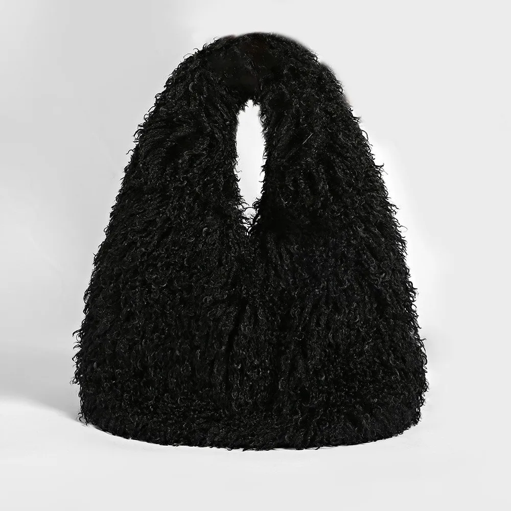 Elegant Faux Fur Tote Bag Large Capacity Curly Design Fluffy Shoulder Bag Hobo Bag Triangle Shape Plush Handbag Winter Season