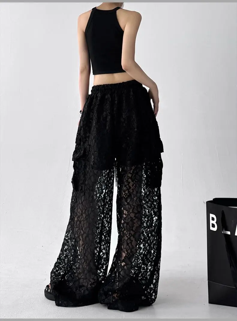 2026 Black Casual Pants Women's Summer Versatile Design Sense Splicing Hollow Lace Premium Sense Straight Wide Leg Pants
