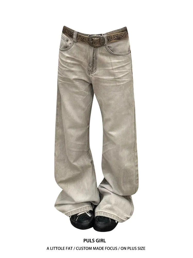 

Женские джинсы в американском стиле, с эффектом потертости, больших размеров, свободного кроя, прямые, длинные, повседневные, с высокой талией