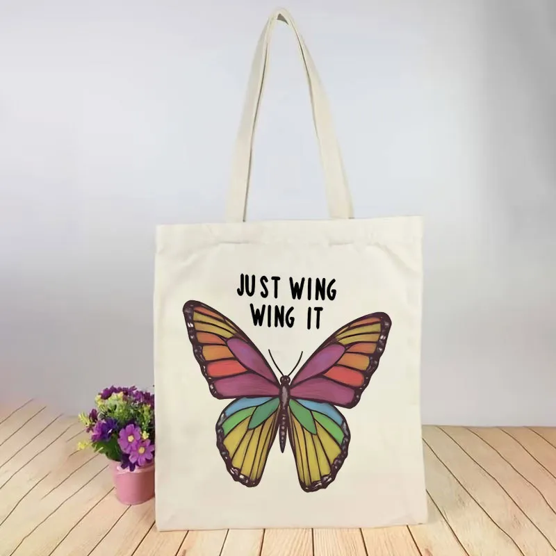 1 Printed Canvas Bag, Multicolor Gradient Butterfly Theme Unisex Breathable Trucker Style Portable White Crossbody Bag with Clos