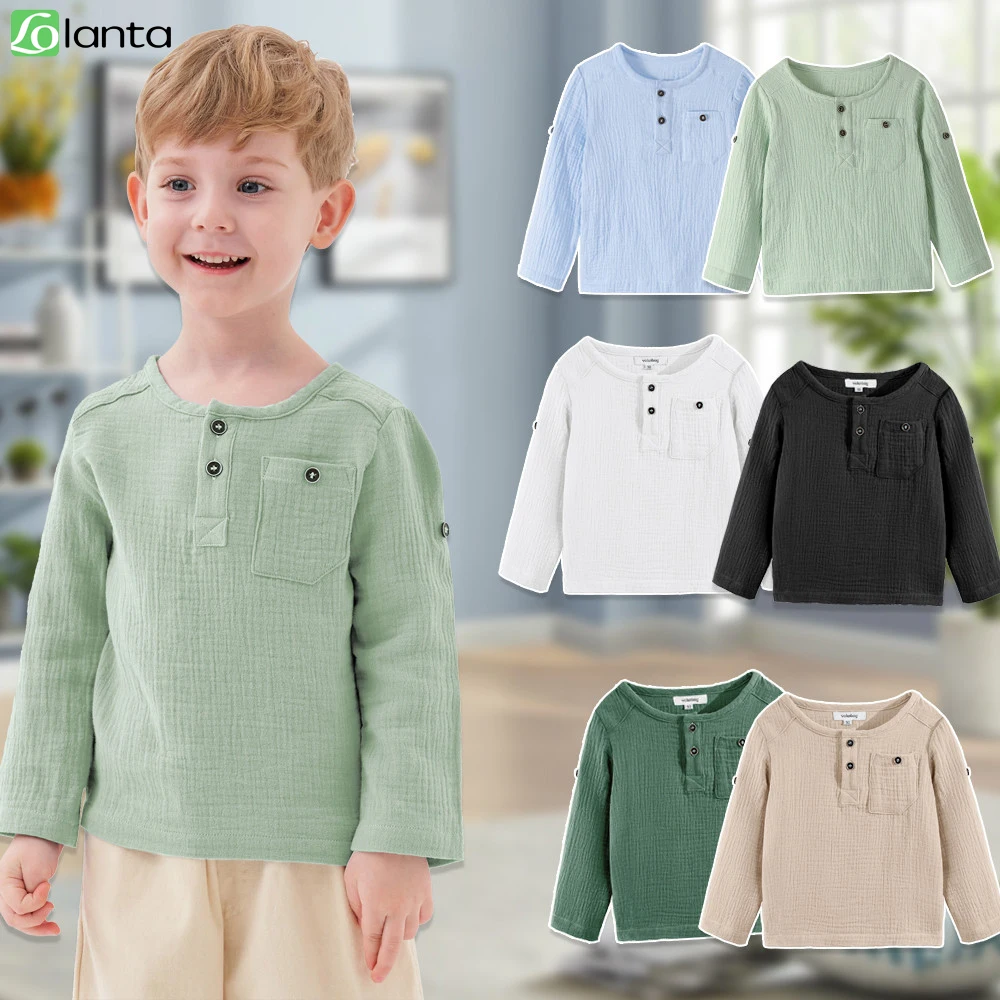 LOlanta Boys Toddler Boys Henley Long Sleeve Cotton Linen Shirt Solid Short Beach Casual Button Tees Tops 1-6Years