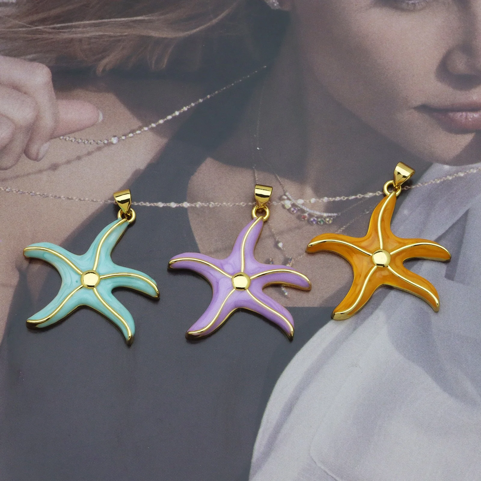 2pcs Brass Ocean Jewelry Charms Multicolor Enamel Starfish Fish 18K Gold Plated Pendants For DIY Necklace Making Findings