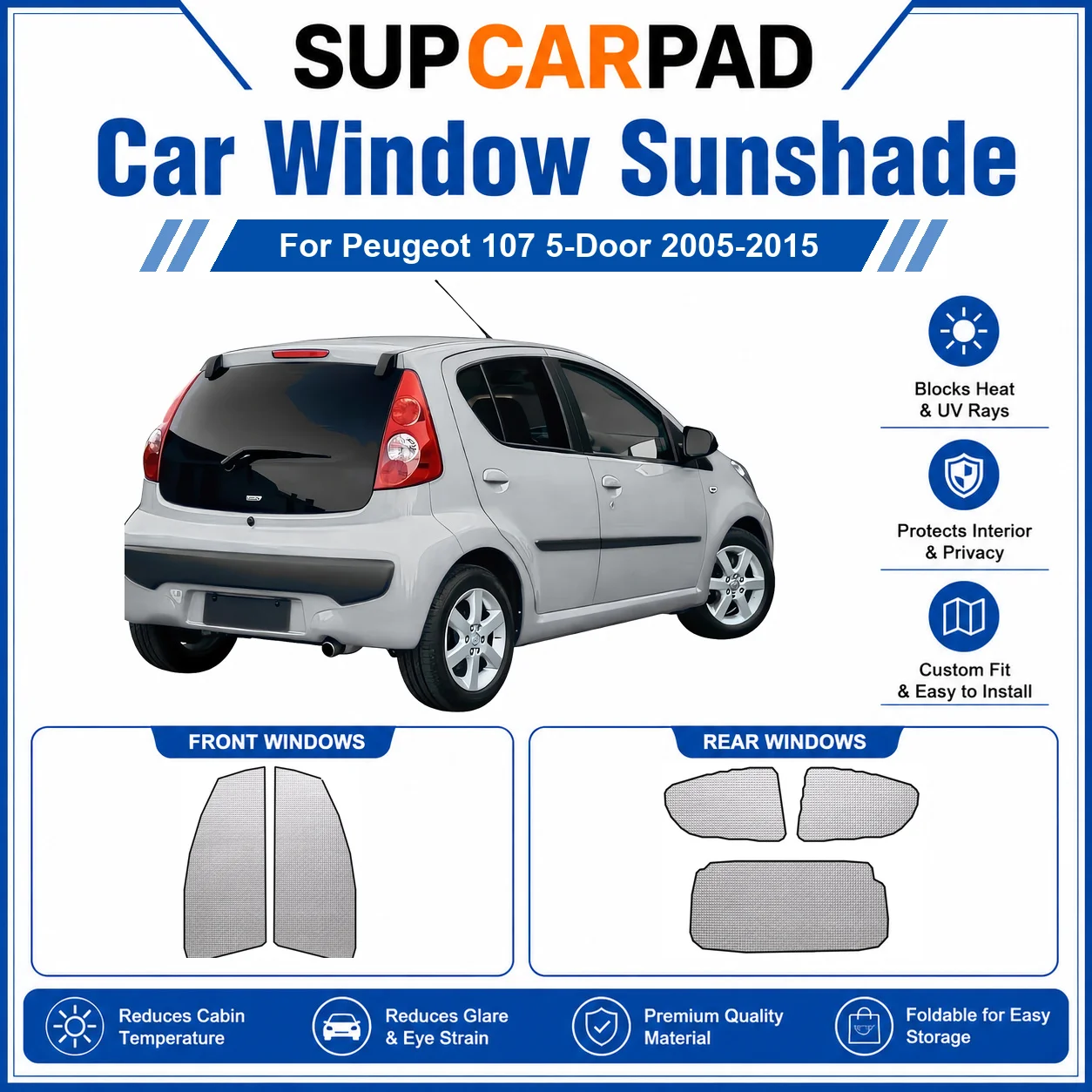 For Peugeot - Peugeot 107 5-Door 2005-2015 Full Set Car Window Sunshades UV Block Privacy Heat Insulated Foldable Car Curtain