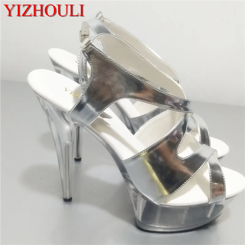 

Crystal platform 15cm stiletto heels/silver uppers platform model pole dancing stage show dance shoes