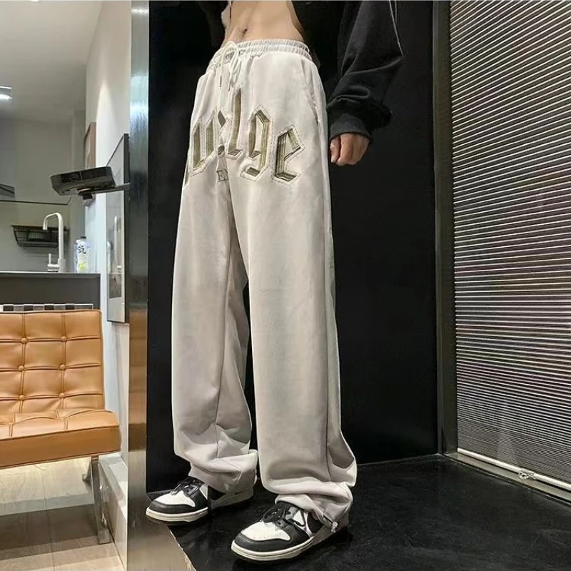 Men Women Vintage Gray Sports Pants Hip Cut Loose Wide Leg Straight Casual Long Trousers Urban Look for Everyday Wear Travel