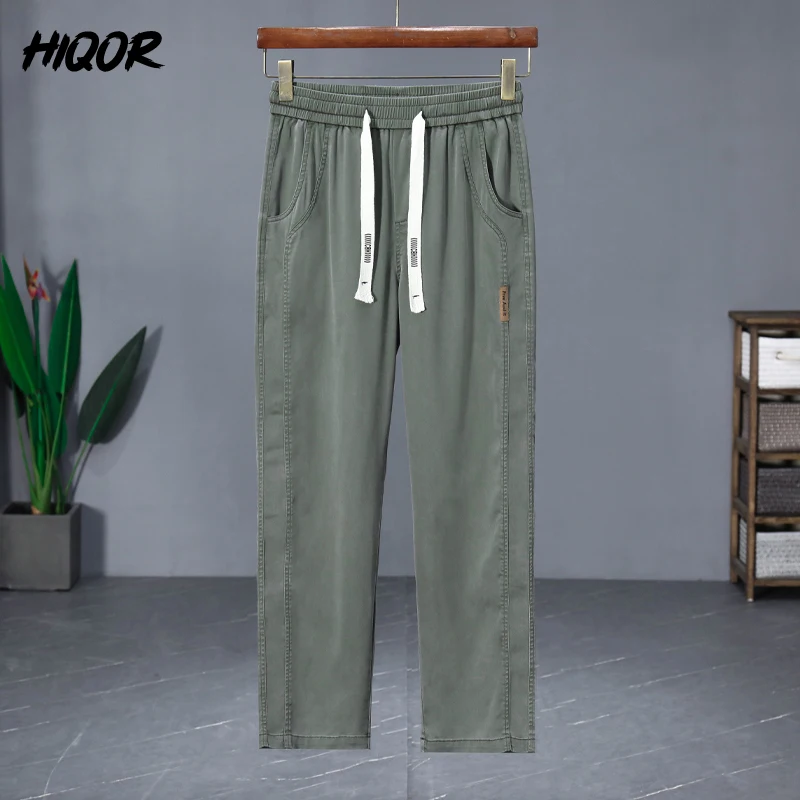 Marca HIQOR, ropa para hombre, Pantalones rectos de seda helada para hombre, novedad de verano en pantalones casuales finos, pantalones de chándal elásticos transpirables para hombre