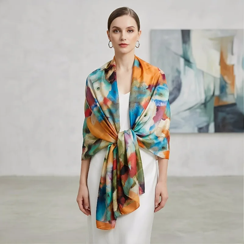 Lightweight 100% Mulberry Silk Scarf for Women Oblong Shawl Neck Scarf Beach Wrap Headscarf Gift Multicolor Oil Painting Print