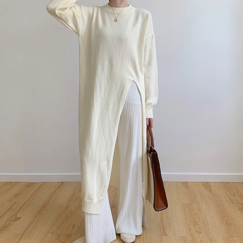 Gray Chic Split Knitted Dress Women Vintage 2023 Autumn O-neck Long Wool Vestido Korean Streetwear Elegant Soft Knitwear Jumper