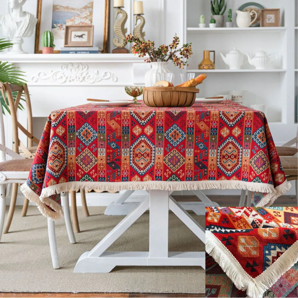 

Прямоугольные скатерти в стиле бохо, красные значки, жаккардовая скатерть с узором для Рождества, Хэллоуина, ужина, дня рождения, свадебного декора