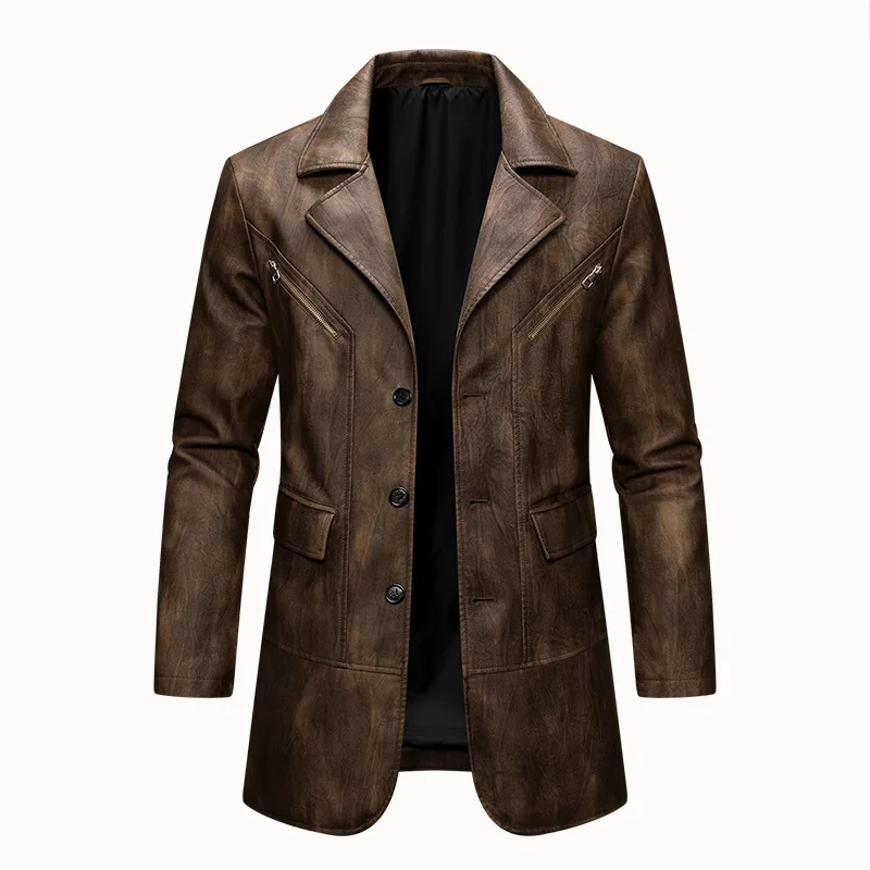 

Man Leather Coat Autumn Winter American Retro Turn Down Collar Male Outerwear Mid Length Single-breasted Long Sleeve Men Jacket