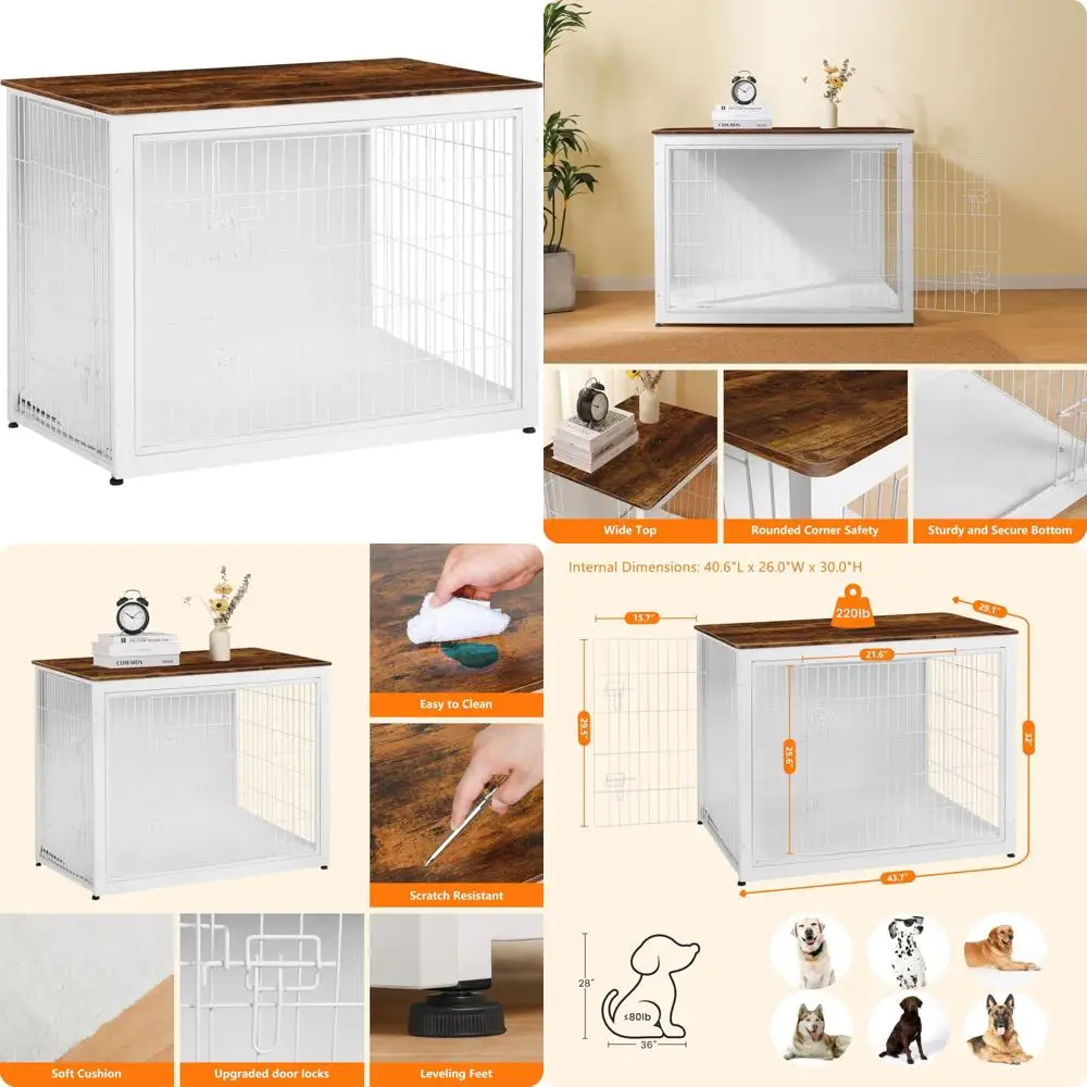 

Extra Large DWANTON Wooden Dog Crate with Cushion and Double Doors, Indoor Dog House, 43.3 Liters, White