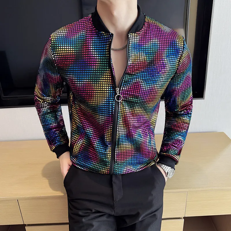 New Stand-Collar Colourful Jacket for Men Summer Lightweight Top , Mens Bar KTV and Stage Performances Coats