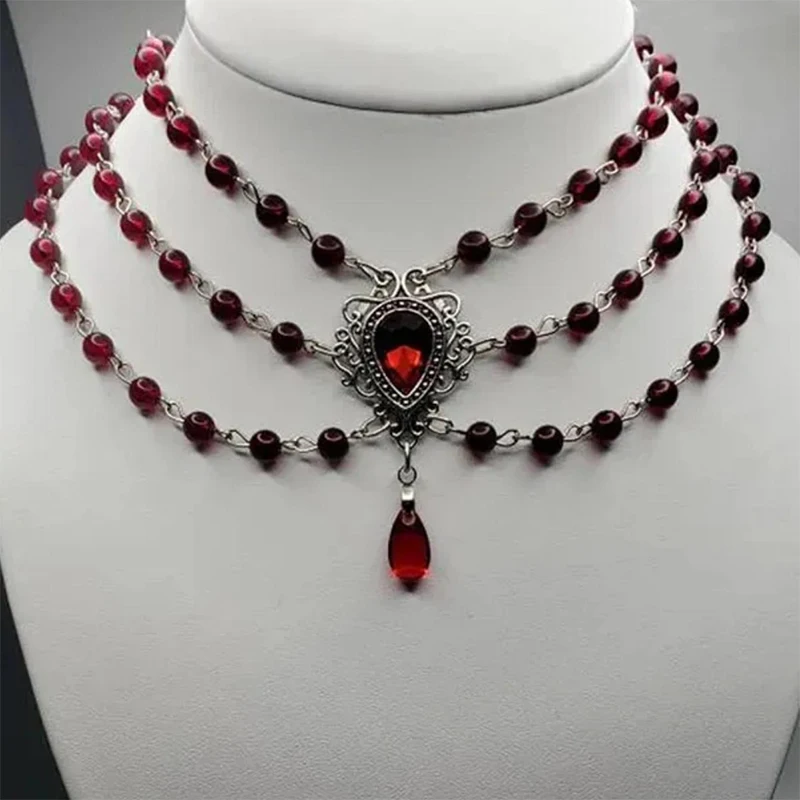 Gothic Victorian Necklace Romantic Vintage Blood Red Beaded Chain For Women Girls Exquisite Choker Jewelry Accessories Gifts