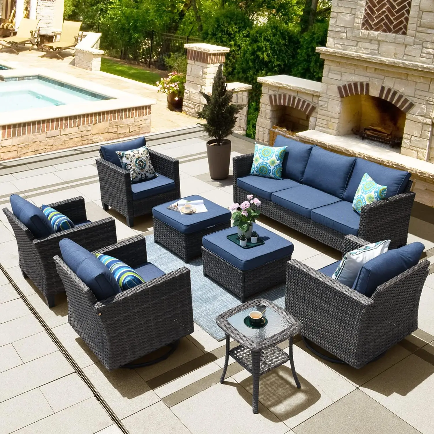 

Patio Furniture Set, Outdoor Wicker Sofa with Swivel Rocking Chairs and Comfy Cushions, High Back Rattan Couch Conversation Se