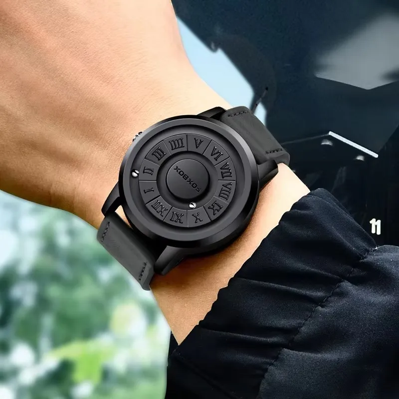 FOXBOX Orologi da uomo Puntatore a scorrimento creativo Orologio da polso al quarzo con forza magnetica Orologio da uomo in vera pelle Relogio Masculino + scatola