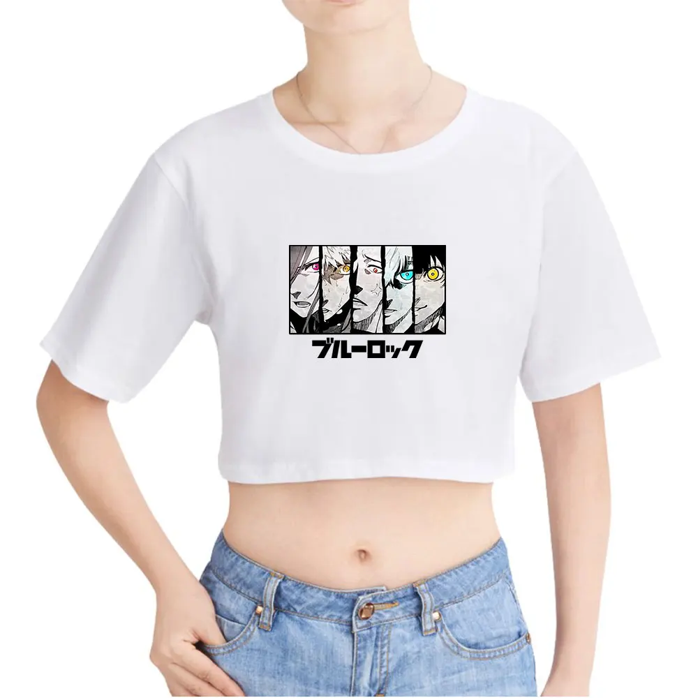 Blue Lock Isagi Yoichi Vintage 90s Crop Top Exposed Navel T-Shirt Oversize O-Neck Tops Funny Tshirt Top Women