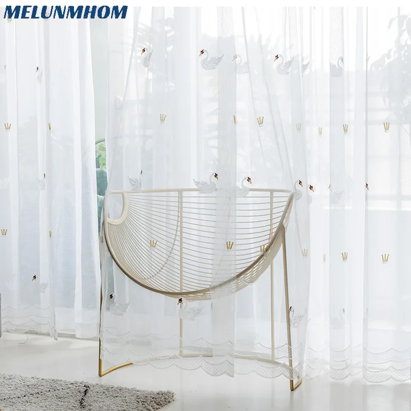 Pastoral Mesh Fabric Goose Embroidered Tulle Curtains for Bedroom Living Room Simple White Sheer Window Screens Kitchen Custom