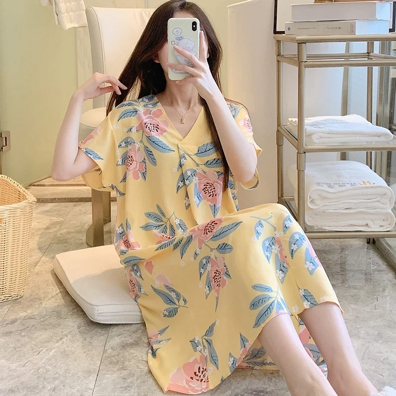 

Short Sleeve Cotton Silk Sleepwear Women Summer Thin Artificial Cotton Home Long Skirt Nightgown Mom Style plus Size Can Wear...
