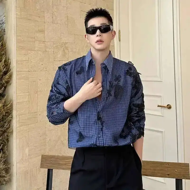 Men's Shirts Long Sleeve Two-piece Butterfly Mesh Design Threedimensional Butterfly Decoration Male Top Summer 9WN1VM