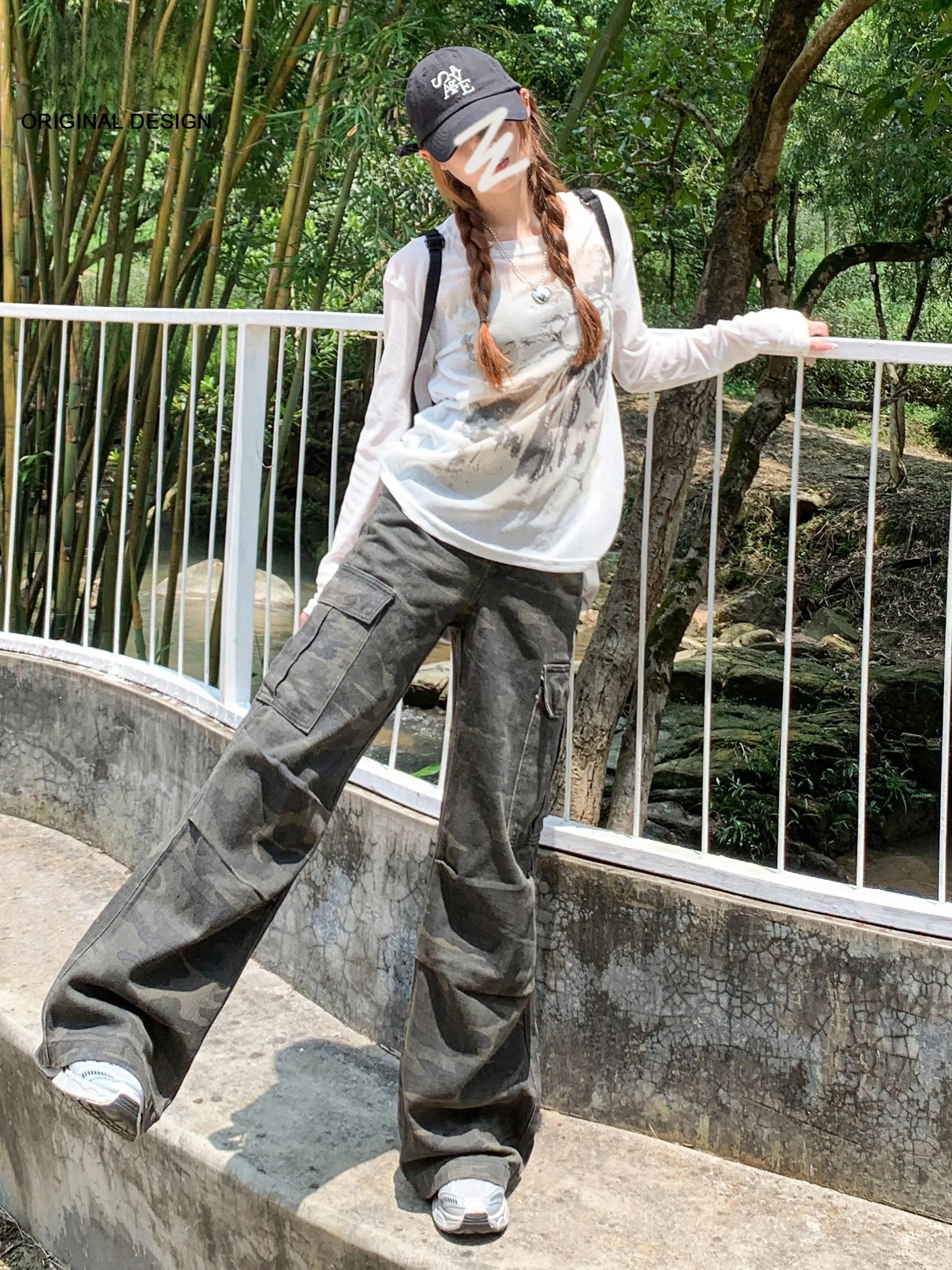 

Ретро-джинсы с камуфляжным принтом и высокой талией, женские, осенние, новая модель, свободные, универсальные, широкие брюки с множеством карманов, износостойкие